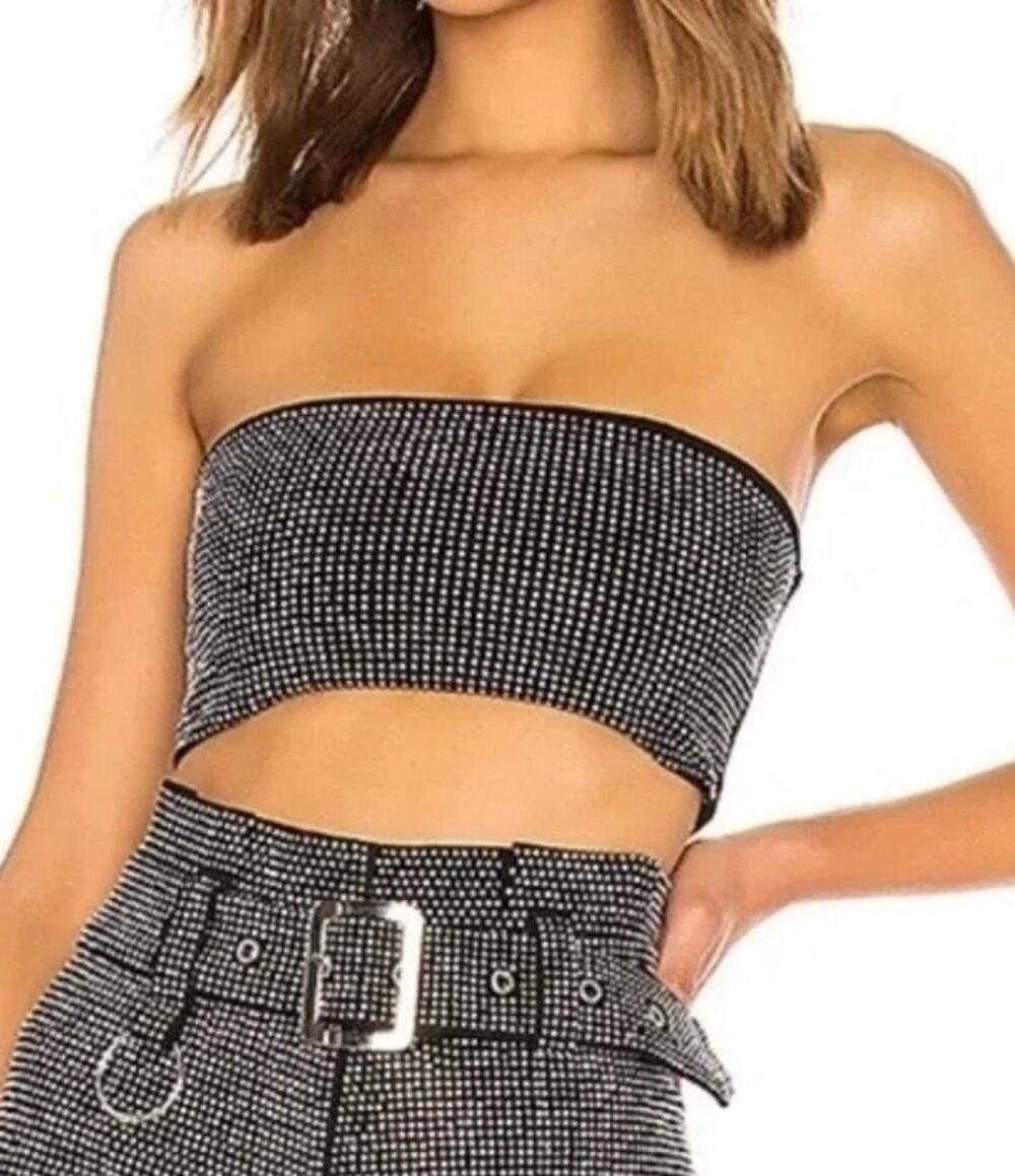 I.AM.GIA Rhinestone Aurora Bandeau Top Small Black Y2K Festival Party Glam Club